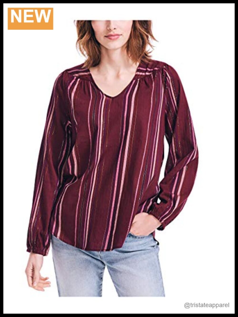 Women's Lurex Stripe Woven Shirt Long Sleeve Classic Fit V-Neck